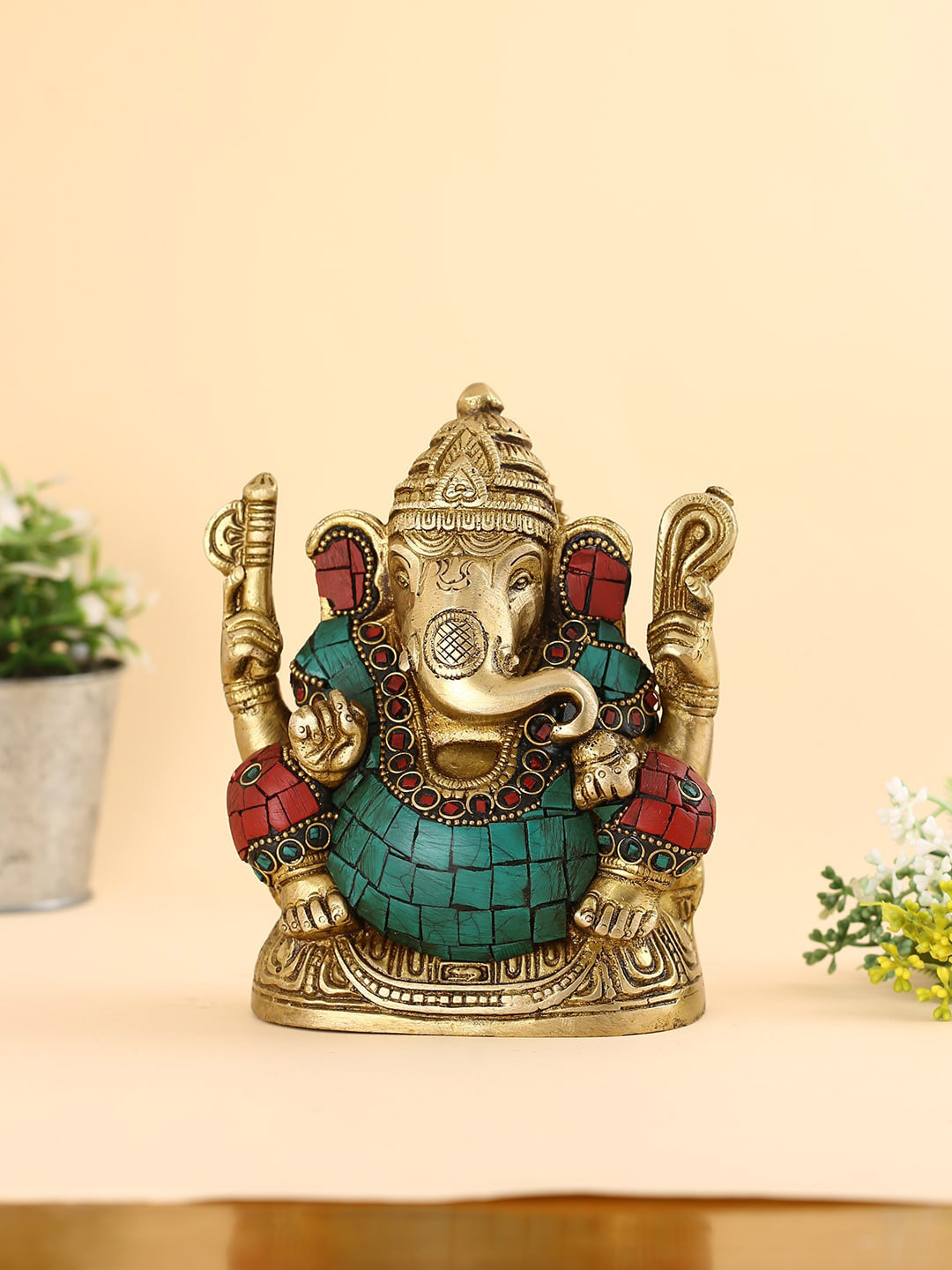 CraftVatika Ganpati Green Brass Metallic Prayer Room Medium Showpiece - 6 Inches