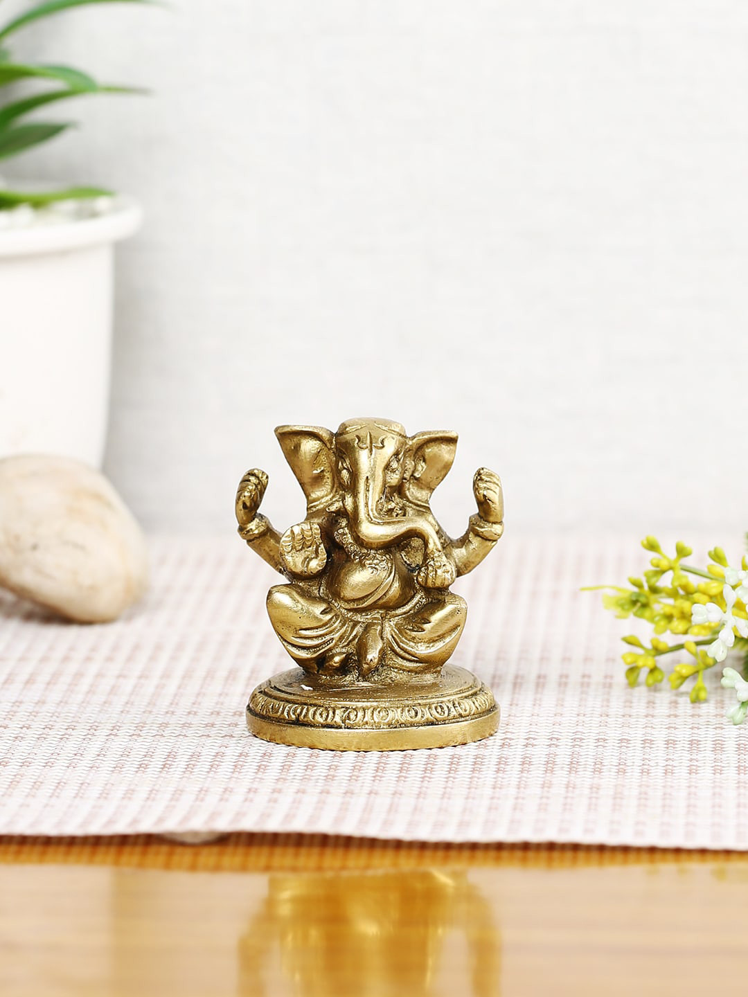 CraftVatika Hindu God Ganesha Gold Brass Metallic Prayer Room Hand Made Tiny Showpiece - 2.2 Inches