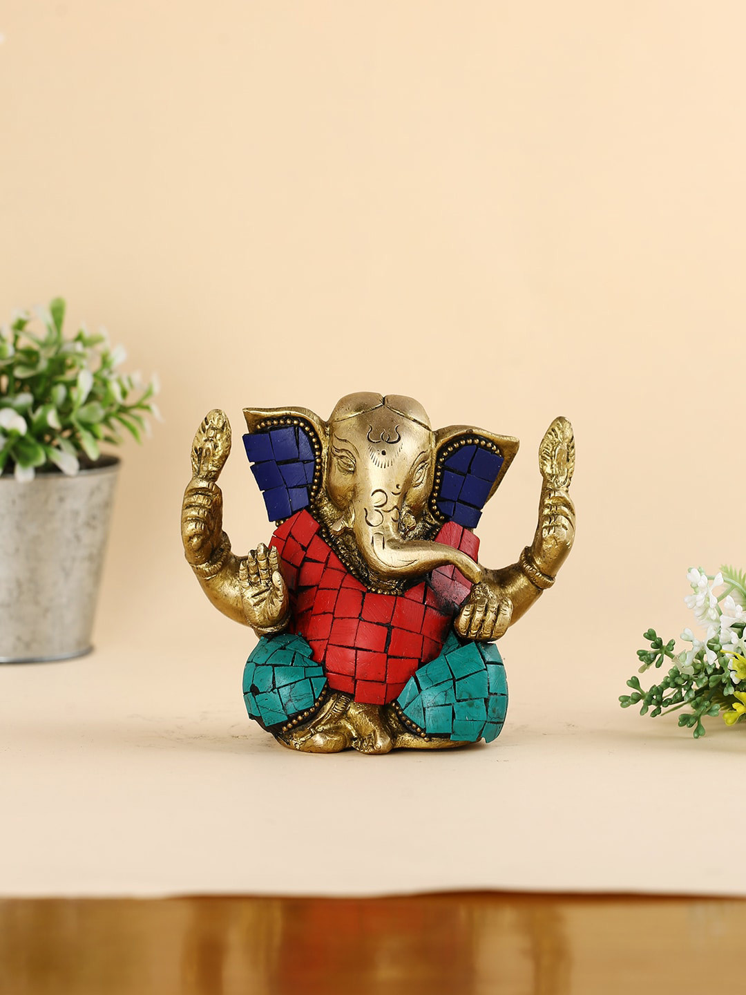 CraftVatika Ganesh with Diya Brown Brass Natural Prayer Room Small Showpiece - 4 Inches