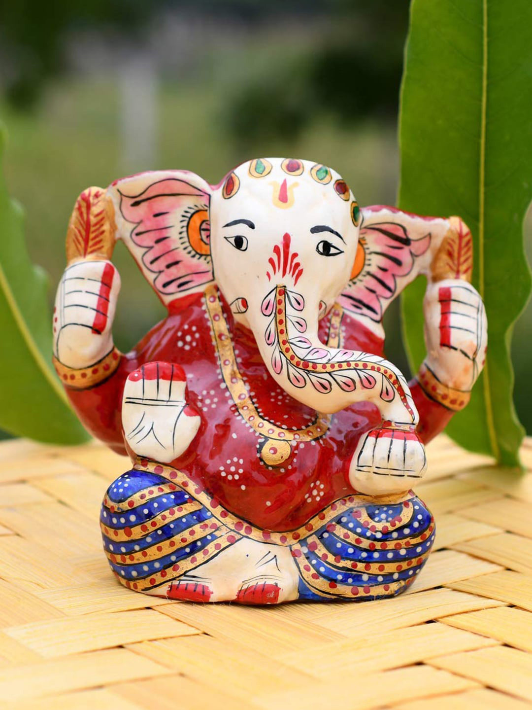 CraftVatika Ganesha Diya Oil Lamp Red Marble Glossy Prayer Room Medium Showpiece - 3 Inches