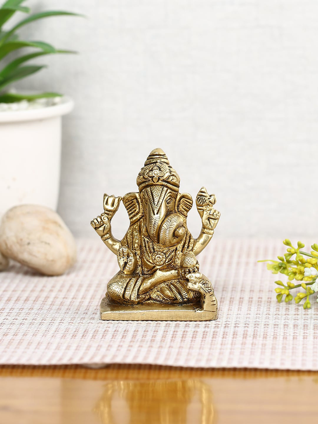 CraftVatika Big Ganesha Gold Brass Metallic Prayer Room Small Showpiece - 3 Inches