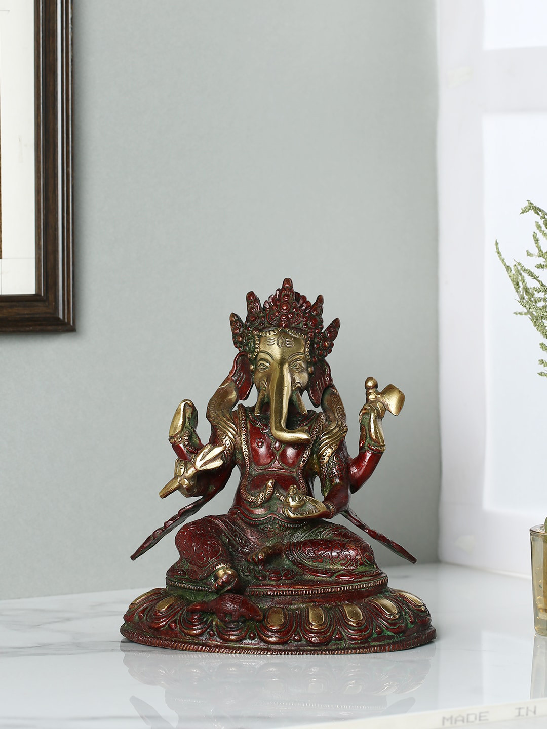 CraftVatika Sitting Ganpati Gold Brass Metallic Prayer Room Medium Showpiece - 5 Inches