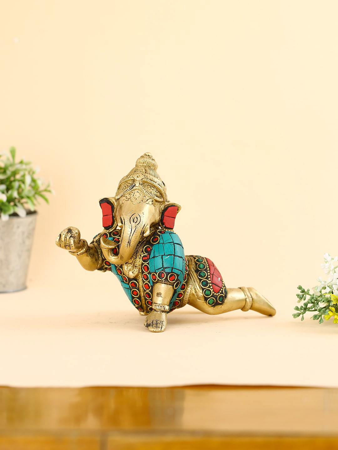 CraftVatika Lord Ganesh Red Brass Metallic Prayer Room Small Showpiece - 5 Inches