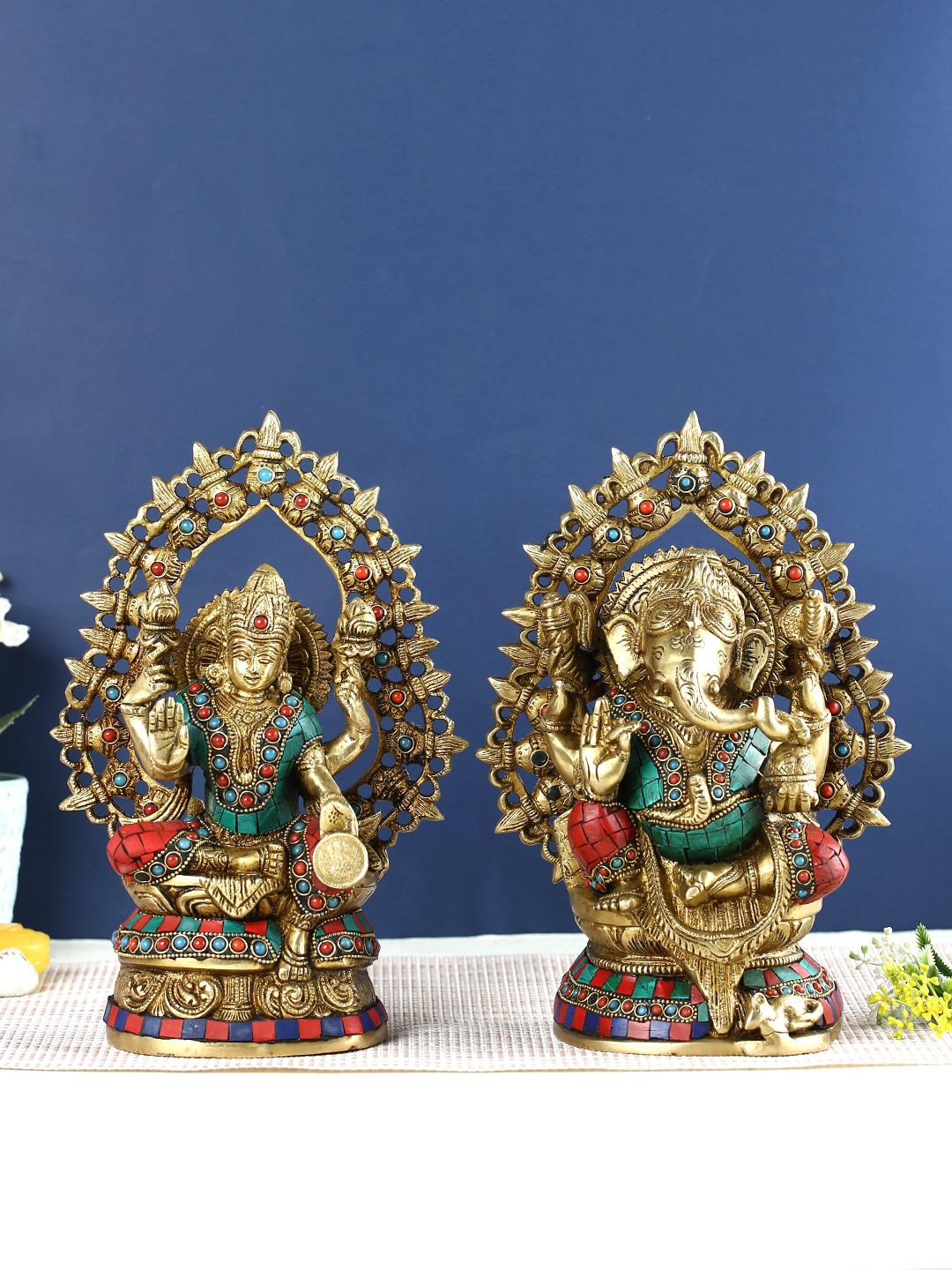 CraftVatika Lakshmi and Ganesh Gold Brass Metallic Prayer Room Set of 2 Medium Showpieces - 10.5 Inches