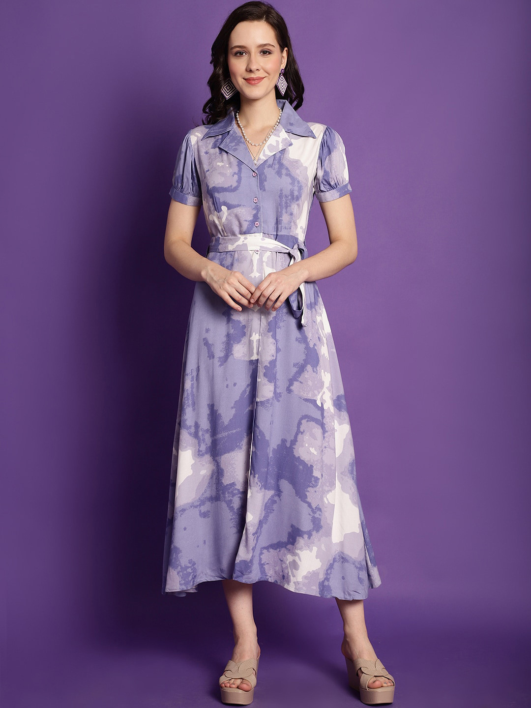 Claura Purple Tie & Dye Notched Lapel Collar Puff Sleeves A-Line Midi Dress With Belt