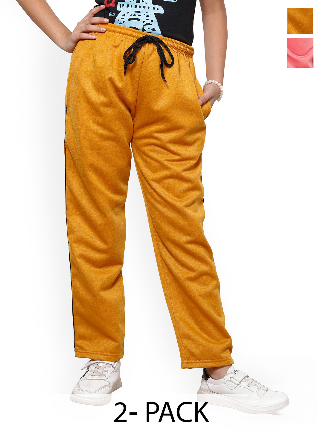 IndiWeaves Girls Pack Of 2 Side Piping Regular Fit Fleece Track Pants