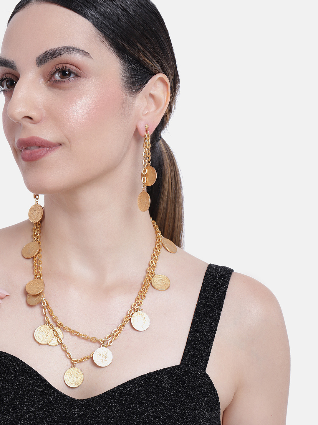 Estele Gold Plated Coin Designer Layered Necklace Set