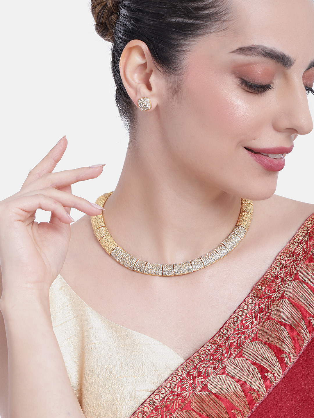 Estele Gold Plated Scintillating Necklace Set with White Crystals