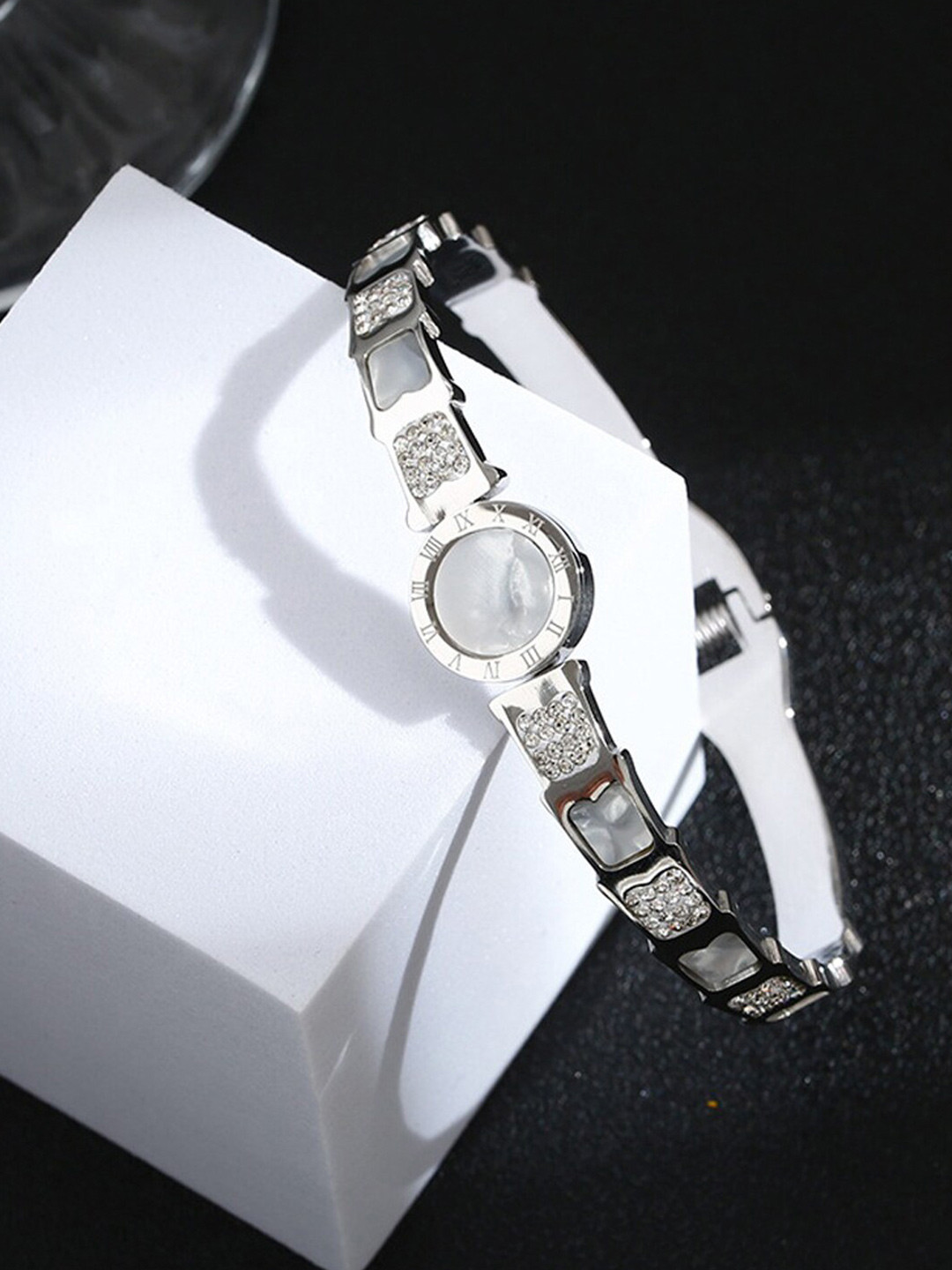 Jewels Galaxy Silver-Plated Mother of Pearl Cuff Bracelet