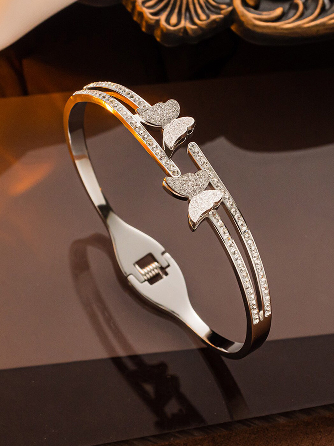 Designs & You Stainless Steel Silver Plated American Diamond Studdeed Cuff Bracelet