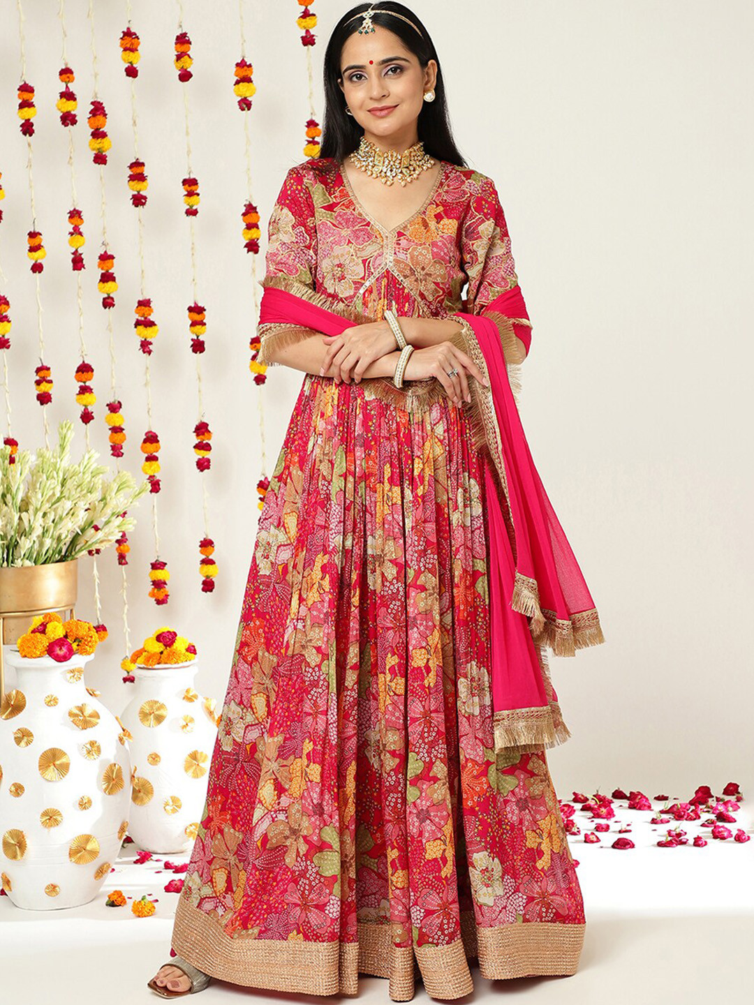 Varanga Women Floral Printed Zari Work Silk Anarkali Kurta With Dupatta