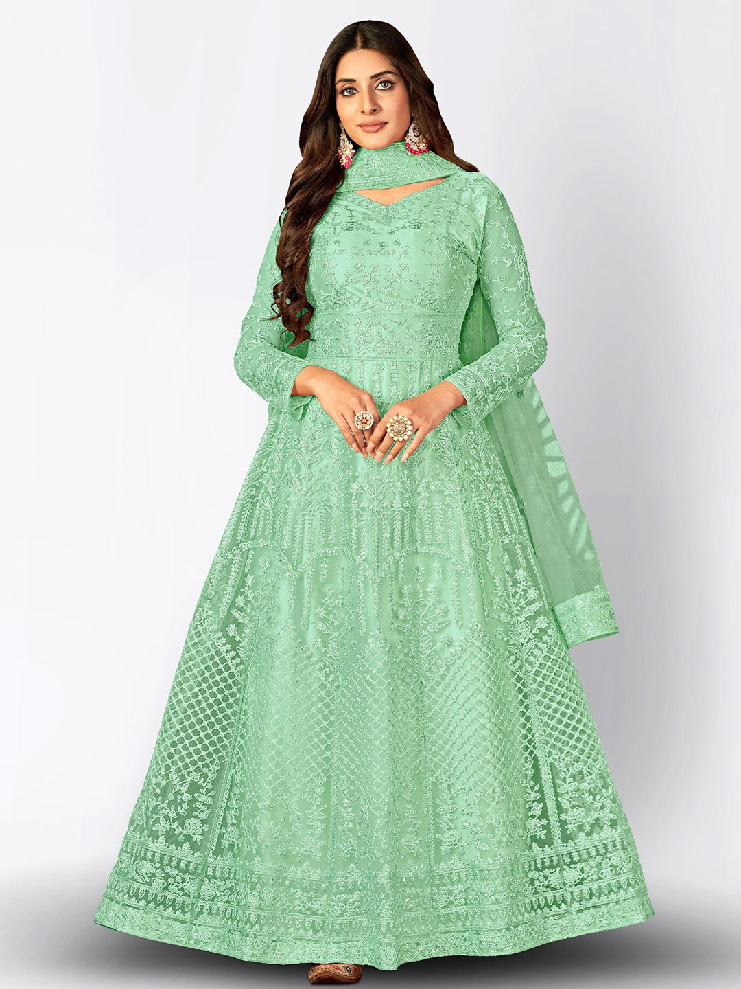 Divine International Trading Co Green Embroidered Thread Work Semi-Stitched Dress Material