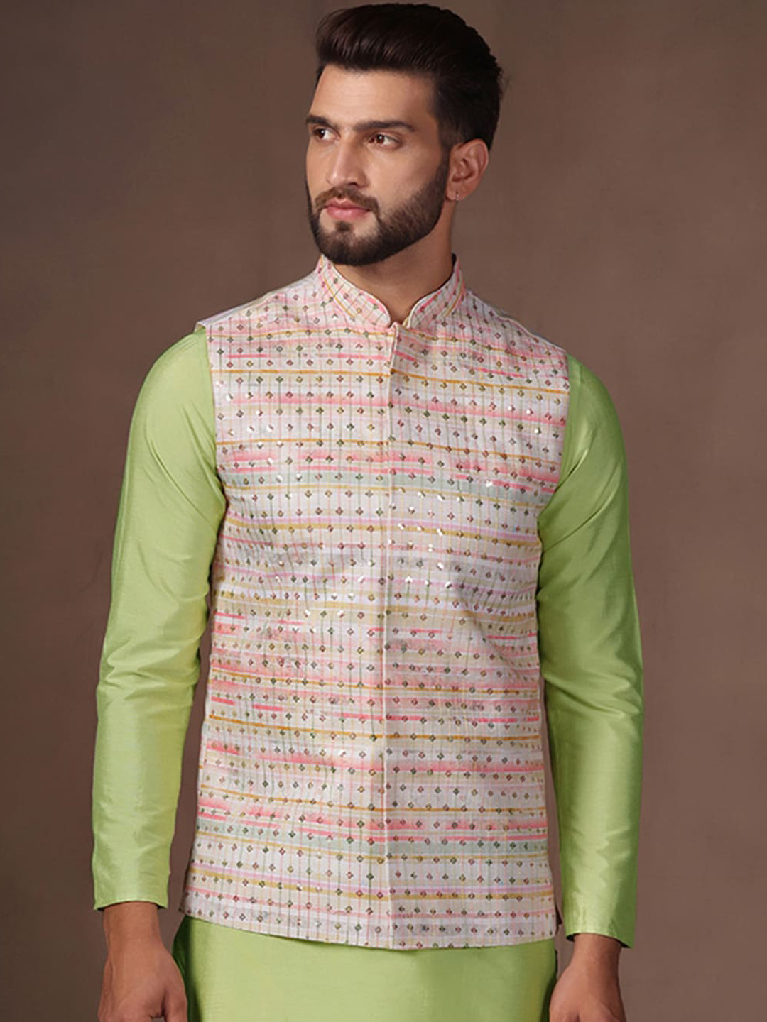 KISAH Embellished Nehru Jacket With Pocket Square
