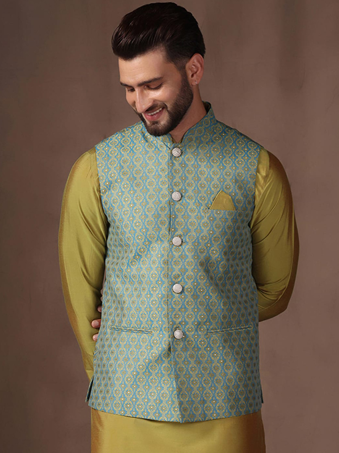 KISAH Printed Nehru Jacket With Pocket Square
