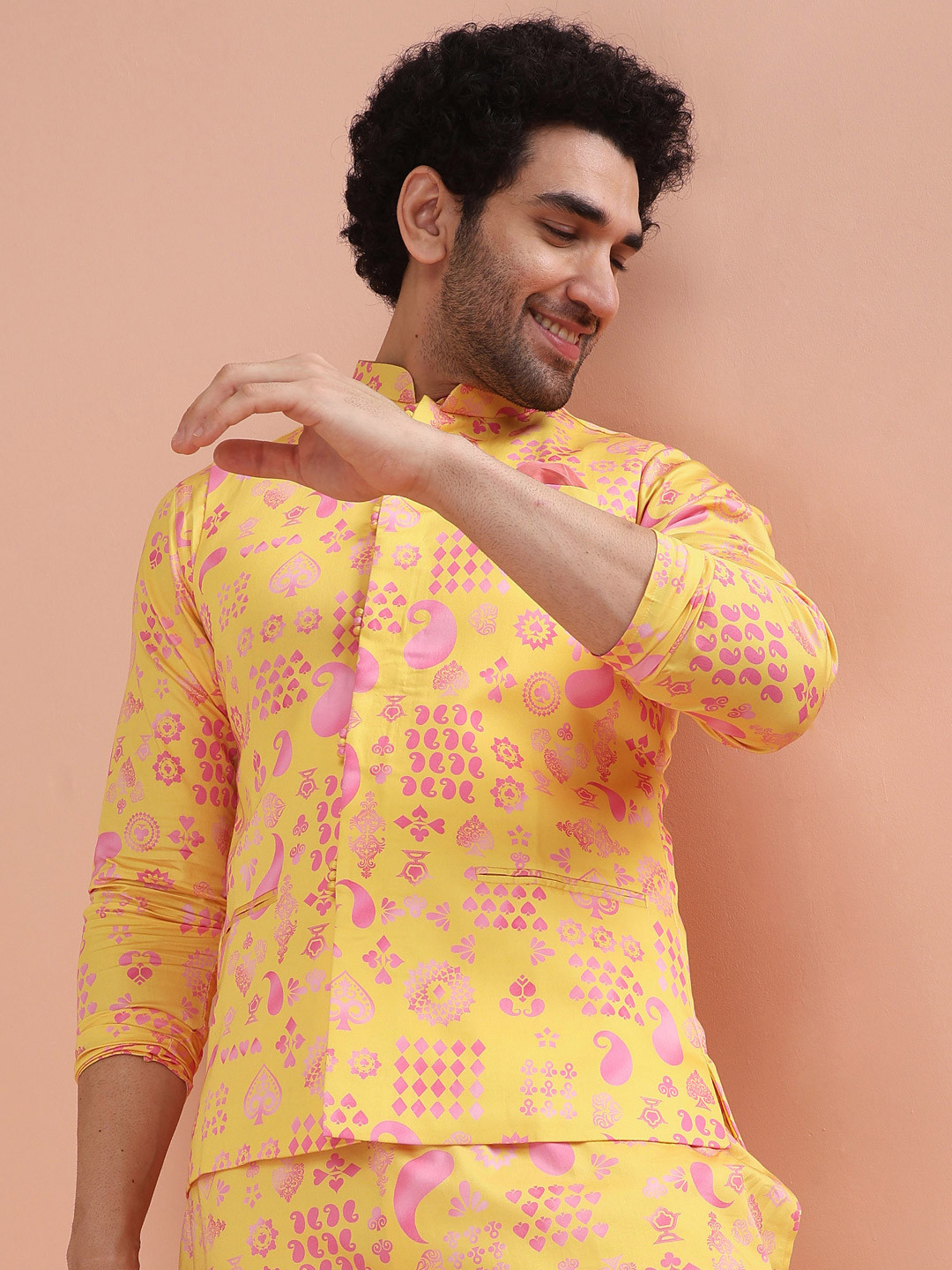 KISAH Yellow Ethnic Motifs Printed Nehru Jacket With Pocket Square