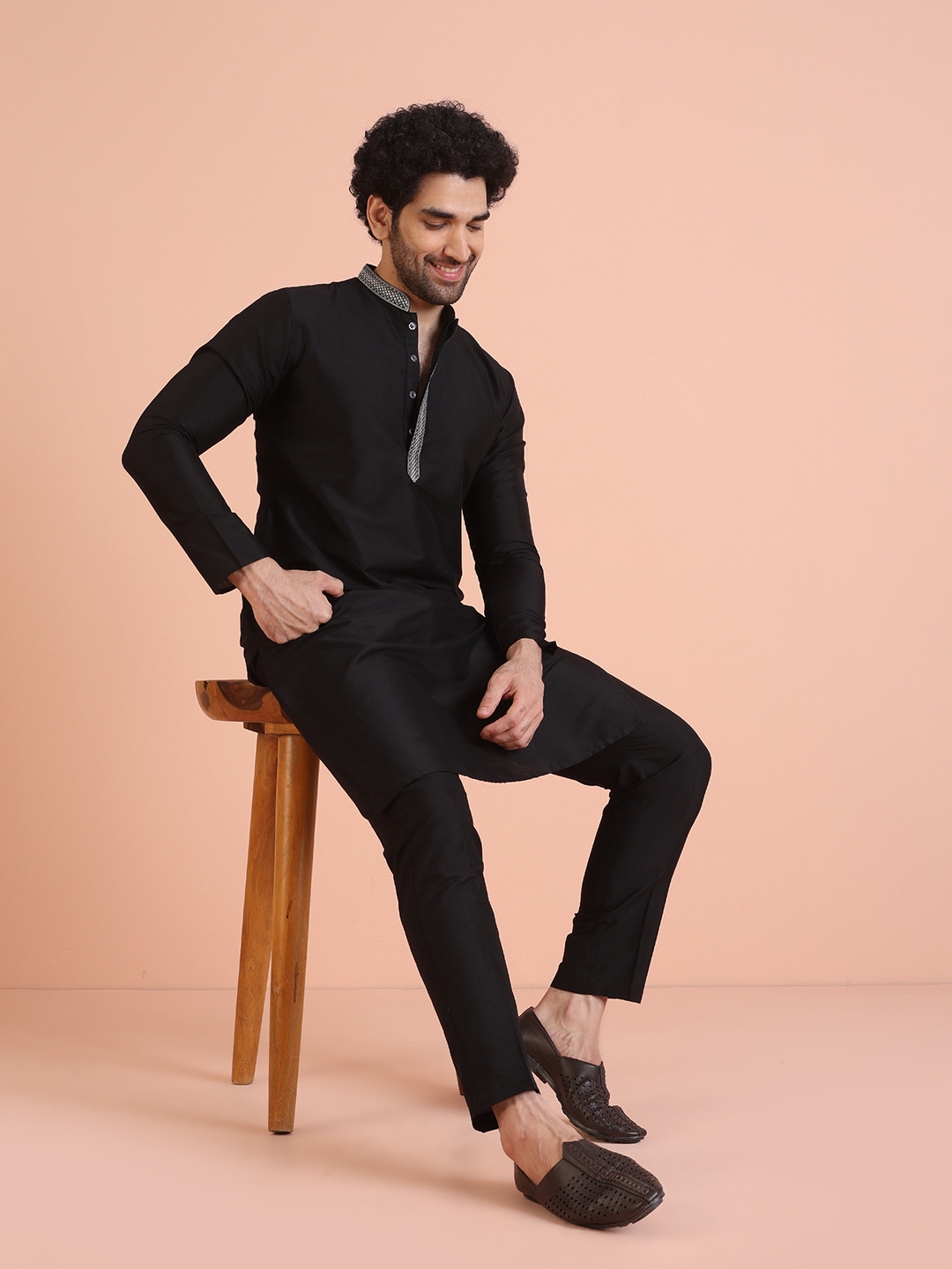 KISAH Black Regular Pure Cotton Kurta with Trousers Set