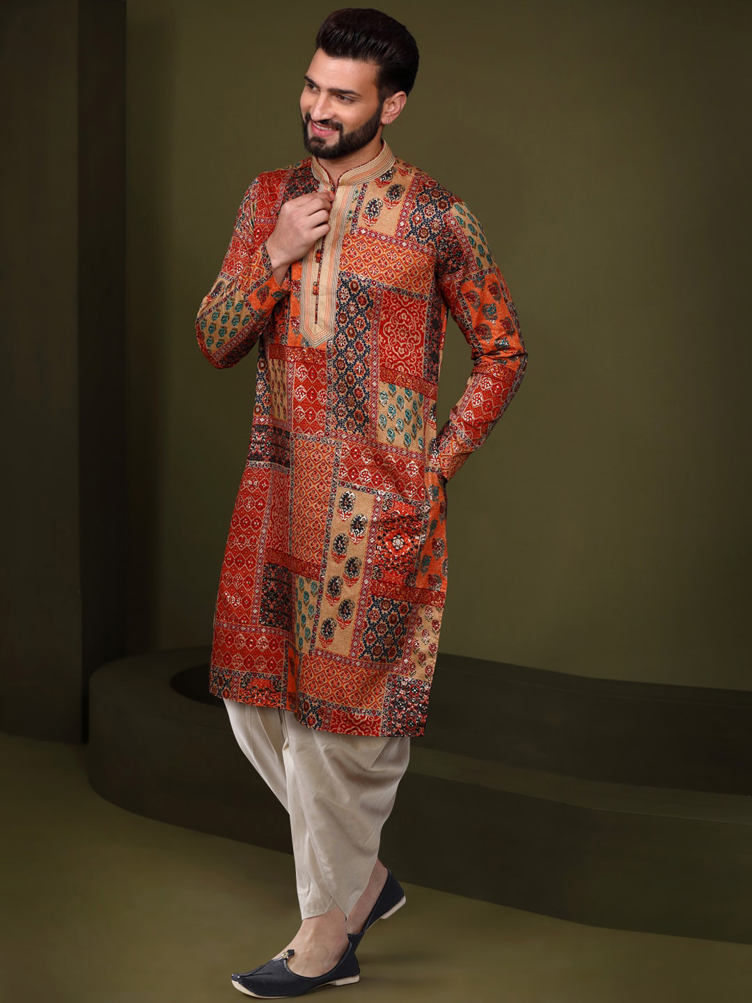 Patchwork Printed Kurta and Dhoti Set
