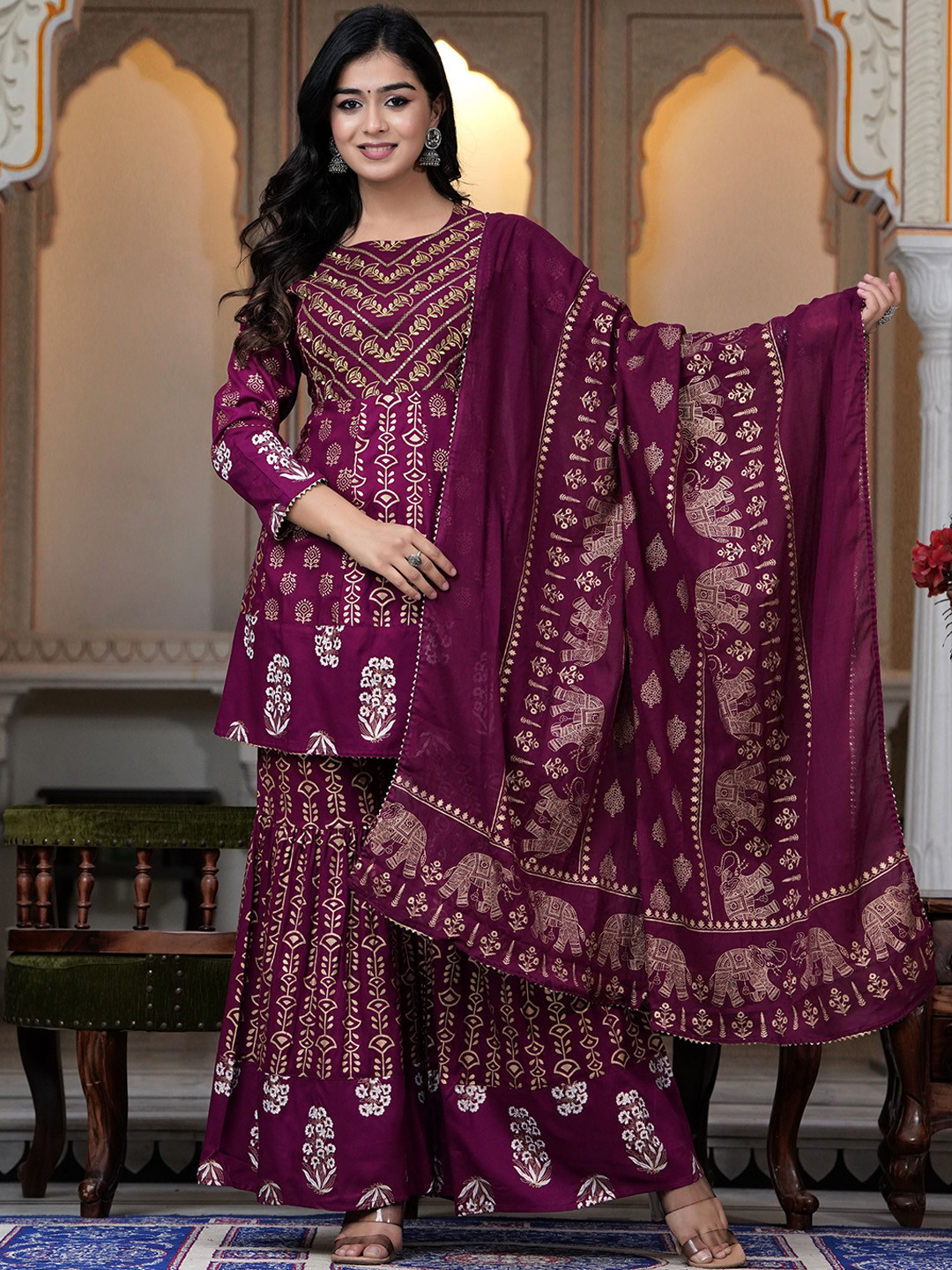 KUROCK Ethnic Motifs Printed Gotta Patti A-Line Kurti & Sharara With Dupatta