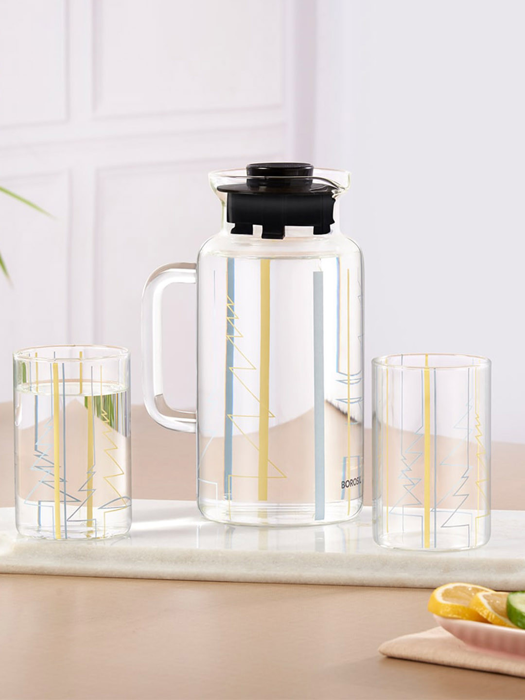BOROSIL Artisan Transparent Borosilicate Multipurpose Jug 1L & 2-Pcs Vision Glass 295 ML