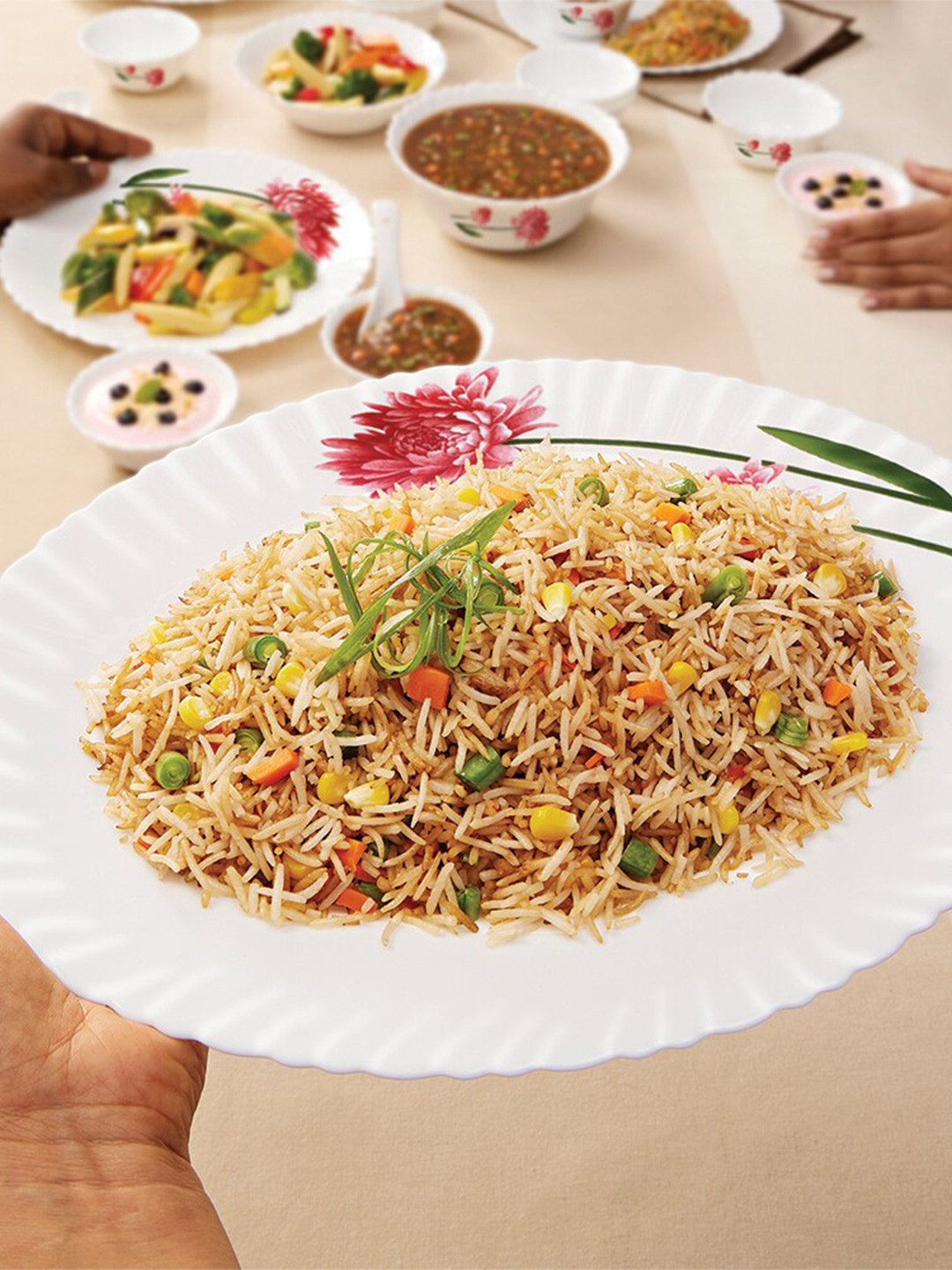 Larah by BOROSIL Fluted White & Red 21 Pieces Printed Opalware Glossy Dinner Set