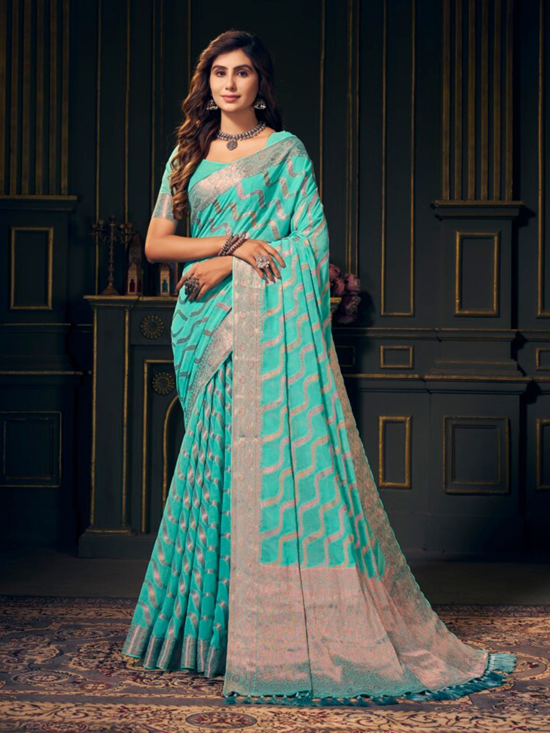 FLOURIOUS Woven Design Zari Pure Georgette Leheriya Saree