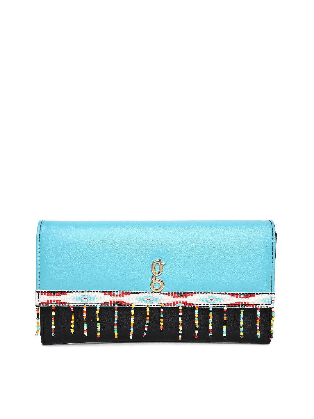 Global Desi Blue & Black Colourblocked Tasselled Envelope Clutch