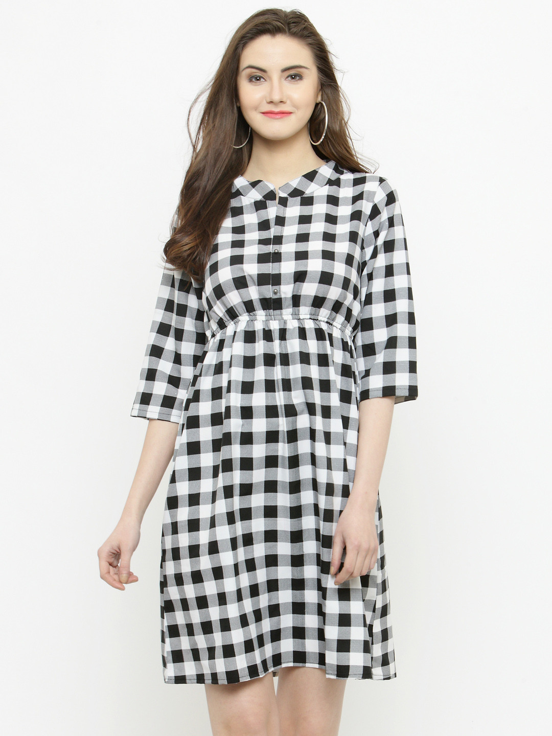 Sera Women White & Black Gingham Mandarin Collar Dress