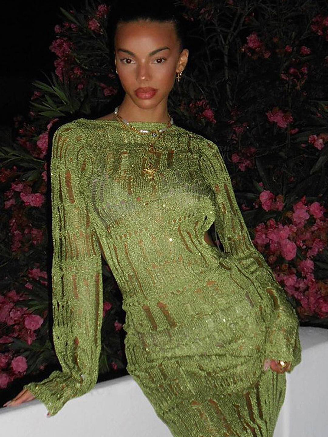 LULU & SKY Green Self Design Maxi Party Dress