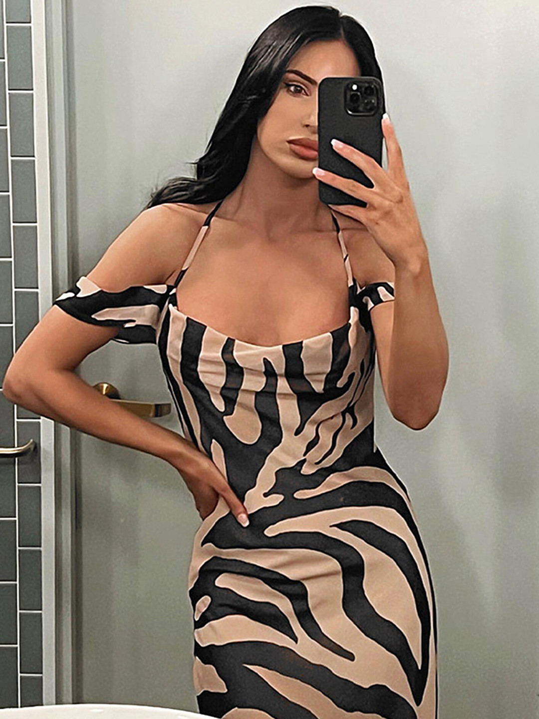 LULU & SKY Animal Printed Cold Shoulder Halter Neck Maxi Dress