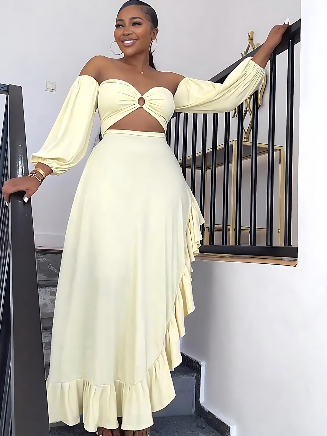 LULU & SKY Off-Shoulder Cut Out Ruffled Maxi Dress