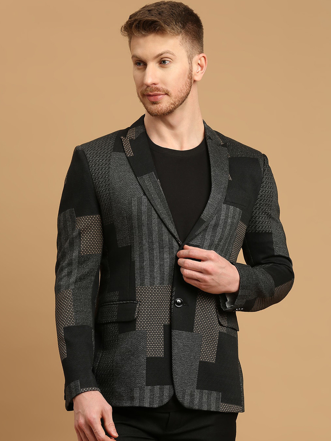 ESSAS club Geometric Printed Slim Fit Single-Breasted Blazer