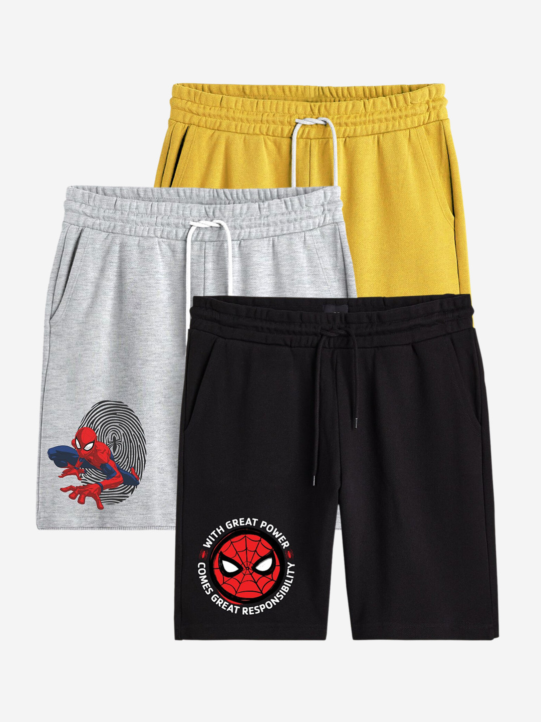 Minicult Boys Yellow Pack Of 3 Spiderman Printed Cotton Shorts