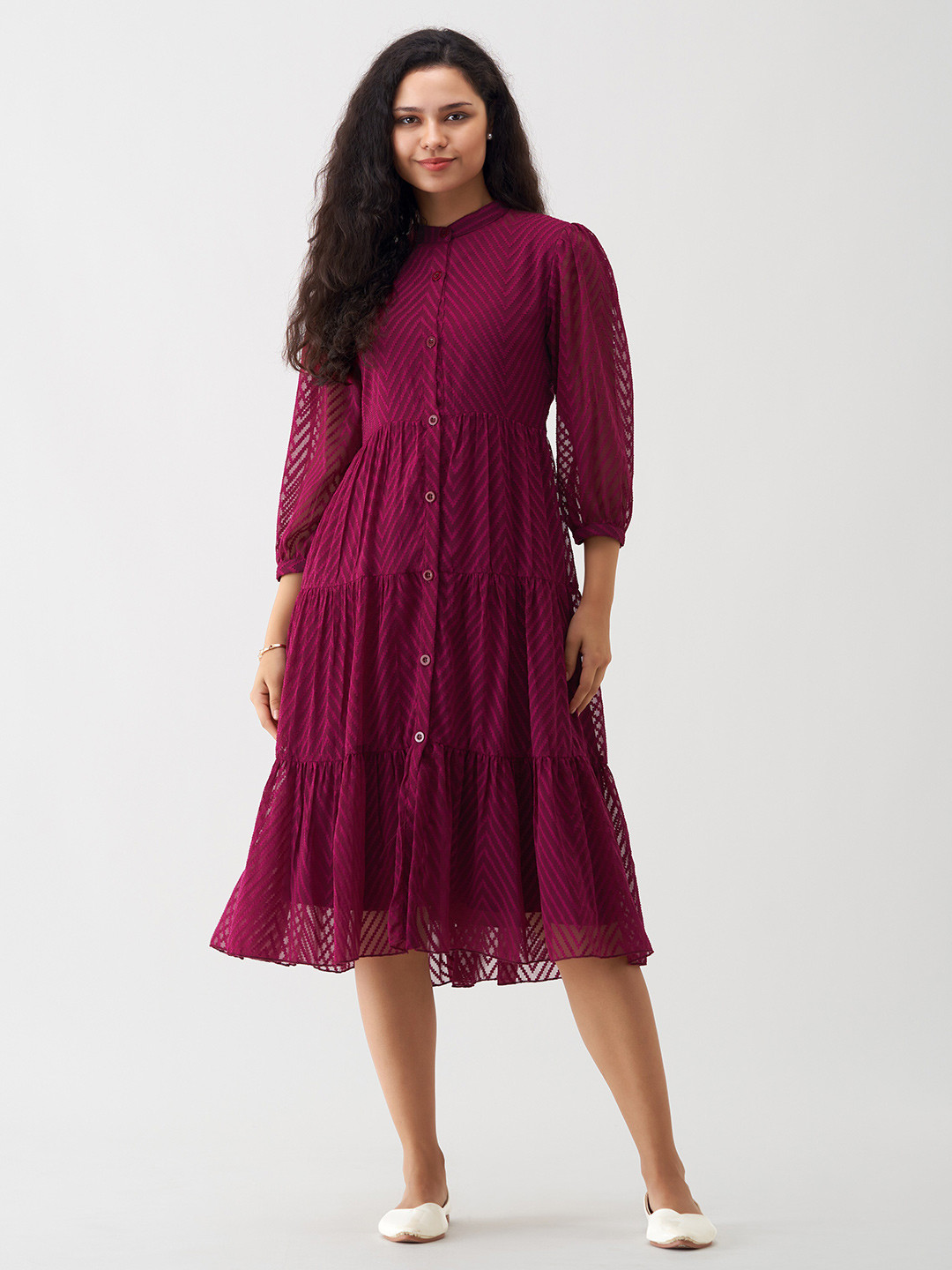 AASK Self Design Crepe A-Line Puff Sleeves Midi Dress With Shrug