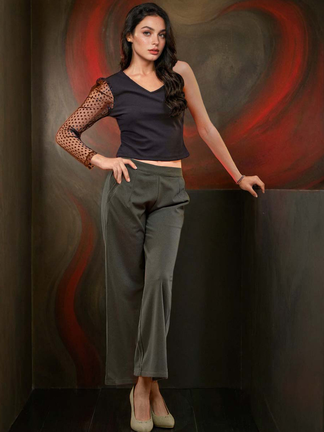 Freehand by The Indian Garage Co Black Shoulder Strapped V-Neck Top With Lace Inserts