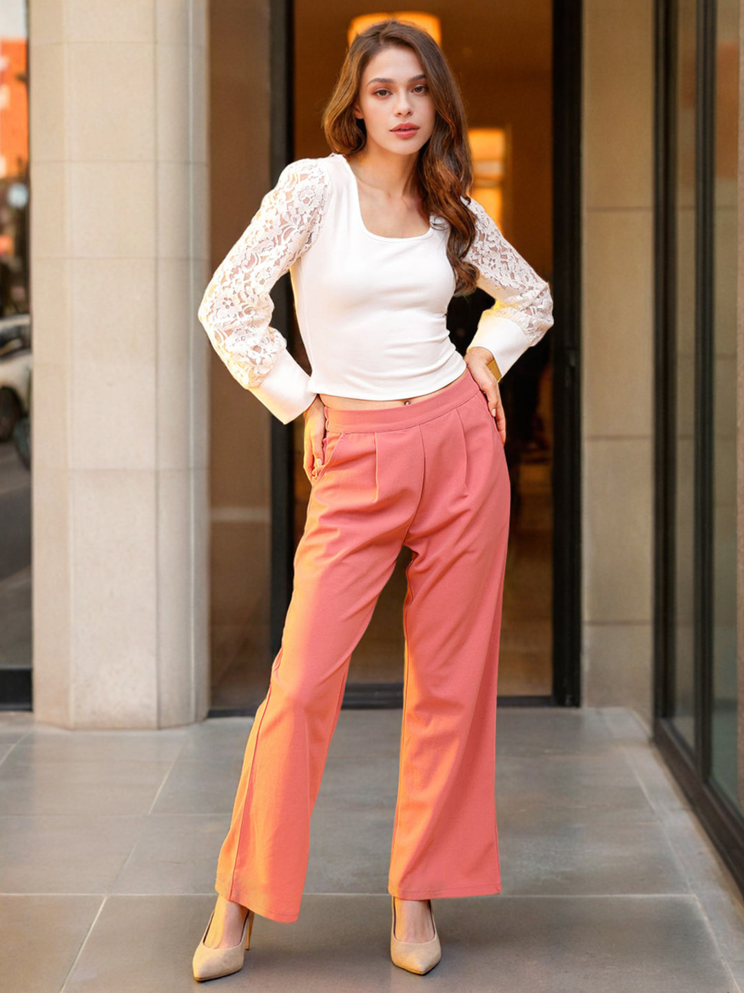 Freehand by The Indian Garage Co Square Neck Cuffed Sleeves Fitted Crop Top