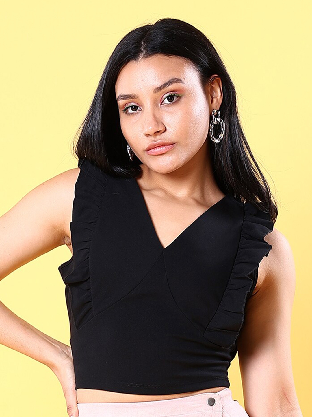 Freehand By The Indian Garage Co Black V Neck Flutter Detialed Crop Top - Tops for Women 25194194 | Myntra