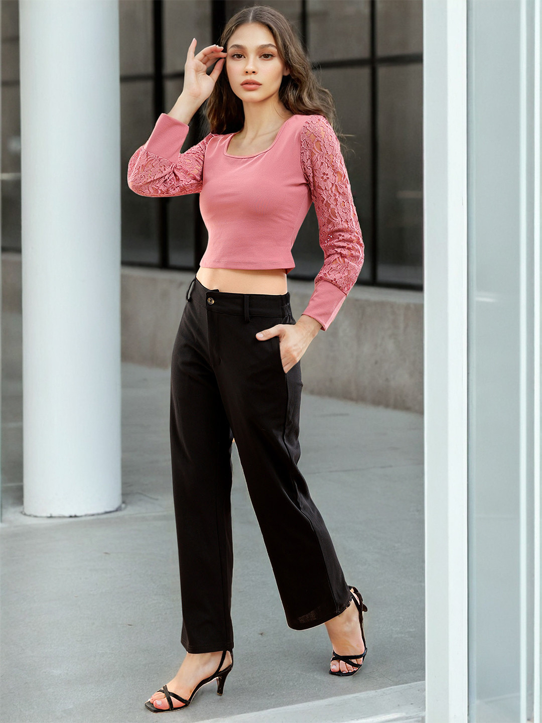 Freehand by The Indian Garage Co Pink Self Designed Square Neck Cuffed Sleeves Crop Top