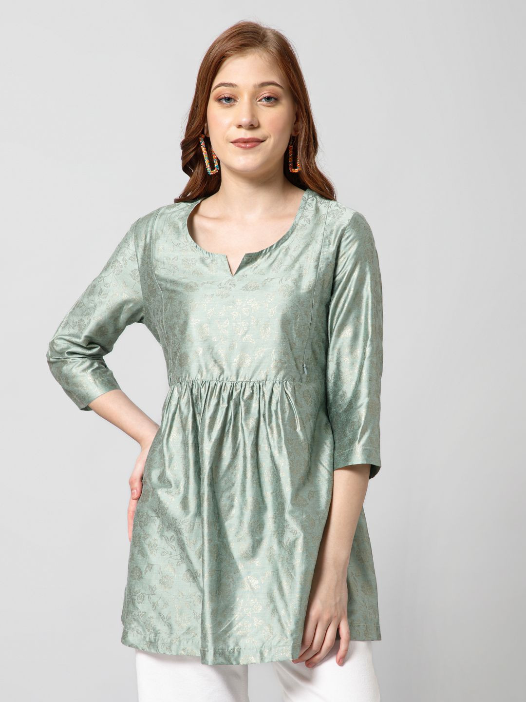 House Of Zelena Woven Design Round Neck Cinched Waist Regular Maternity Top