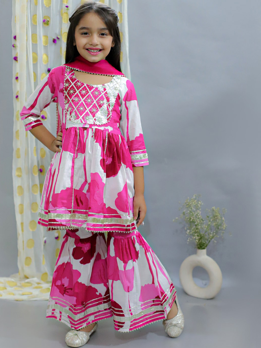 Ka-mee Girls Abstract Yoke Design Pure Cotton A Line Kurta With Sharara & Dupatta