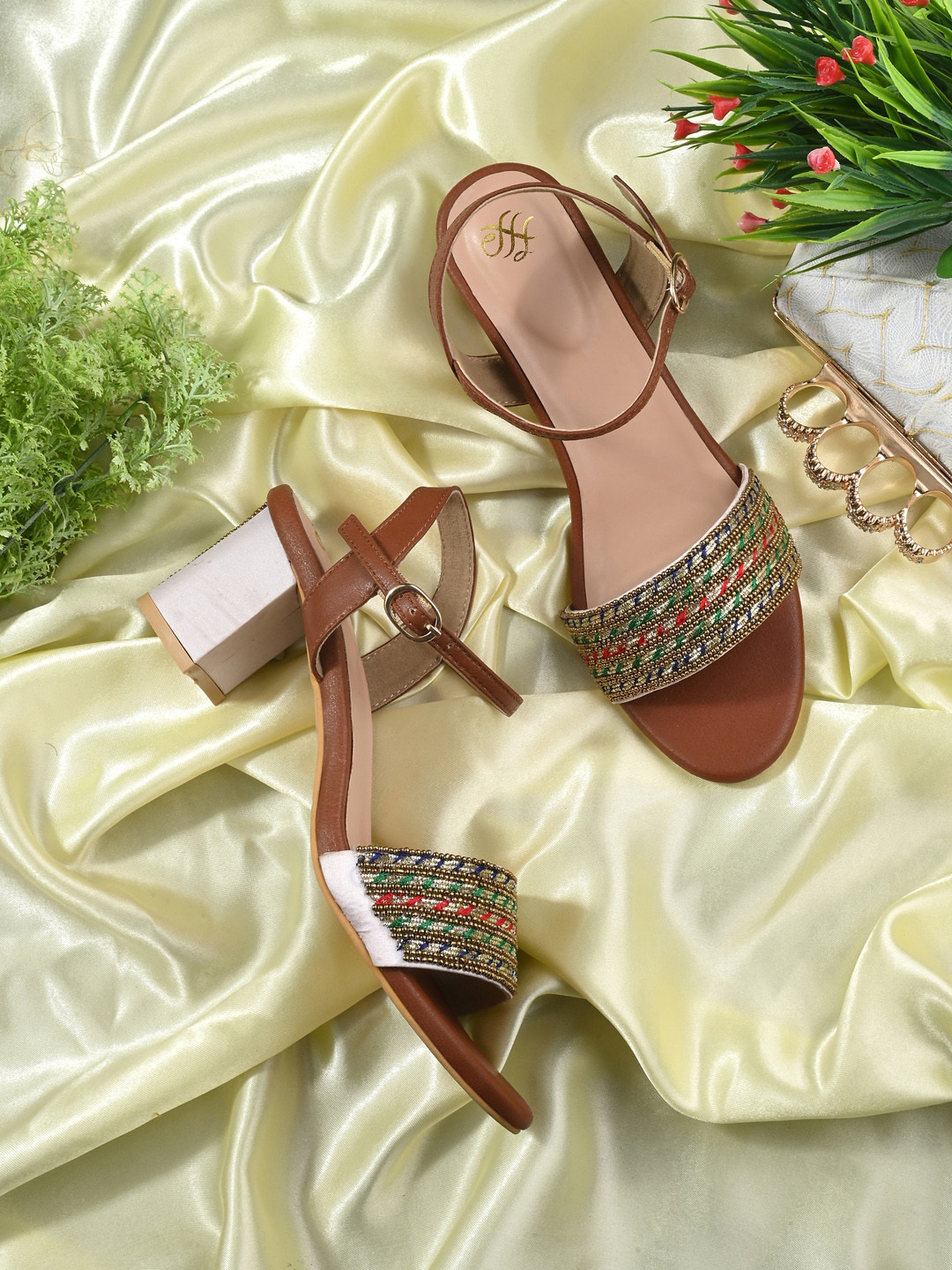 House of Pataudi Embellished Mesh Block Heels With Backstrap