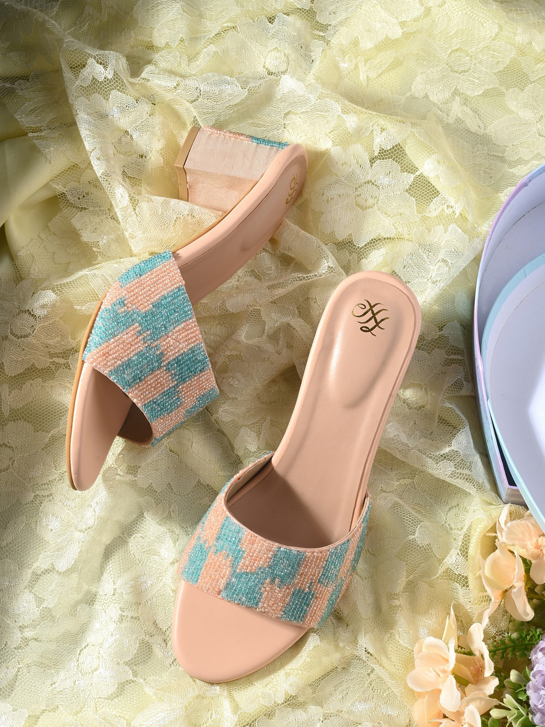 House of Pataudi Embellished Mesh Ethnic Block Heels