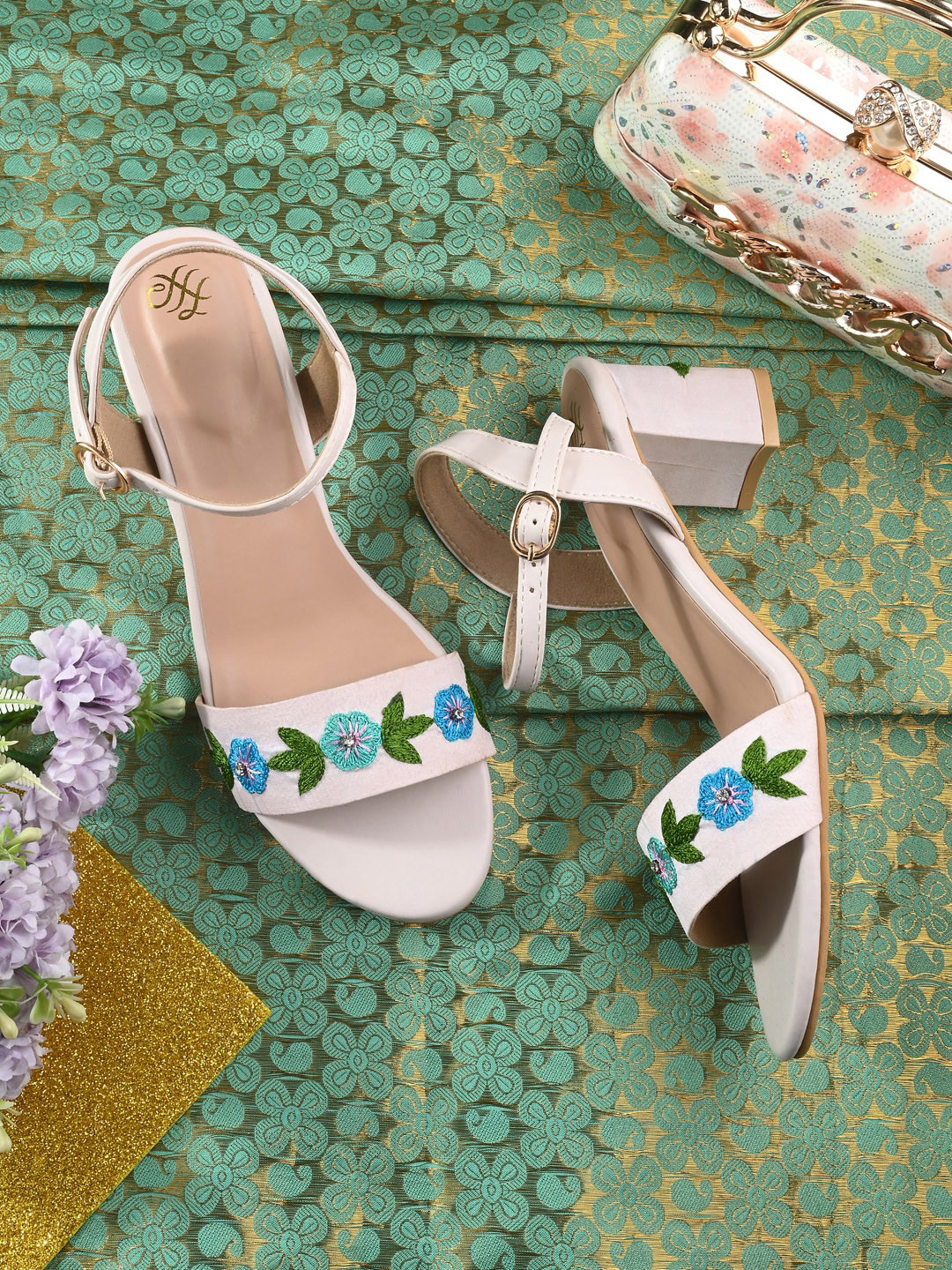 House of Pataudi Embellished Mesh Block Heels With Backstrap