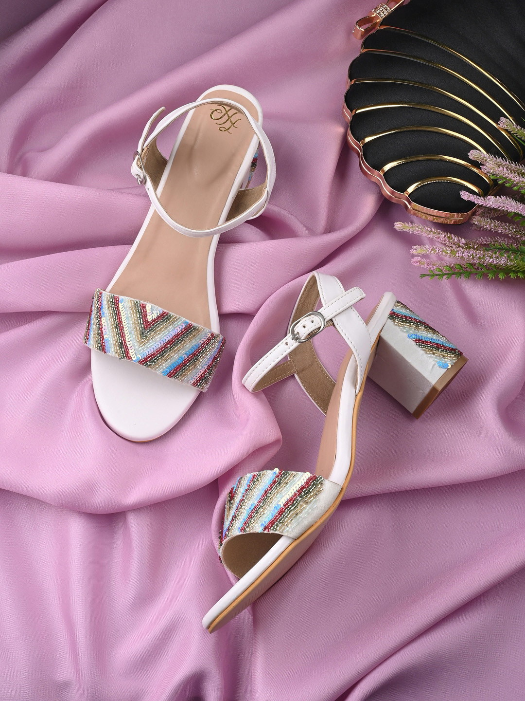 House of Pataudi Embellished Mesh Block Heels With Backstrap