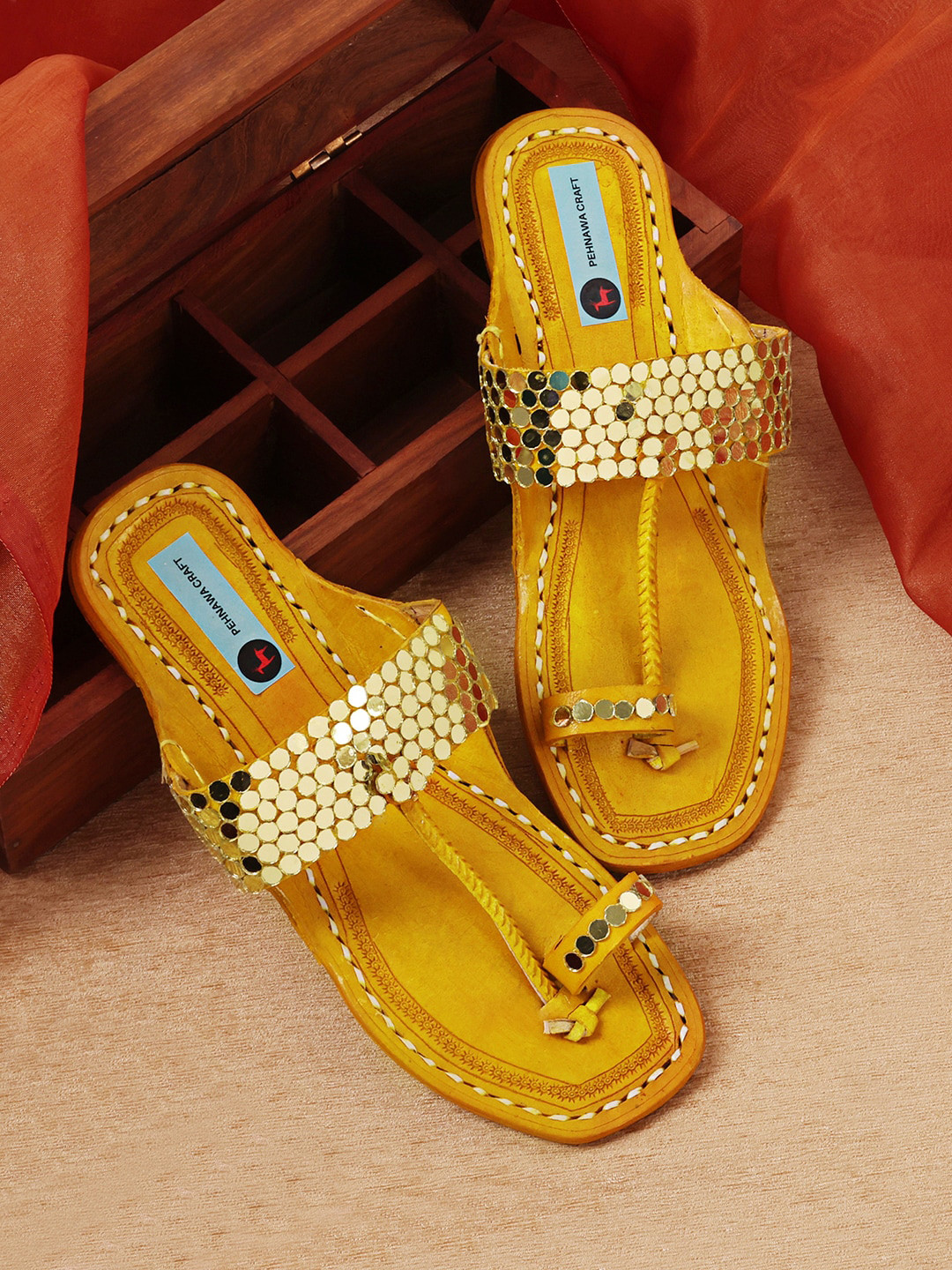 PehnawaCraft Golden Mirror Embellished Leather Kolhapuri One Toe Flats