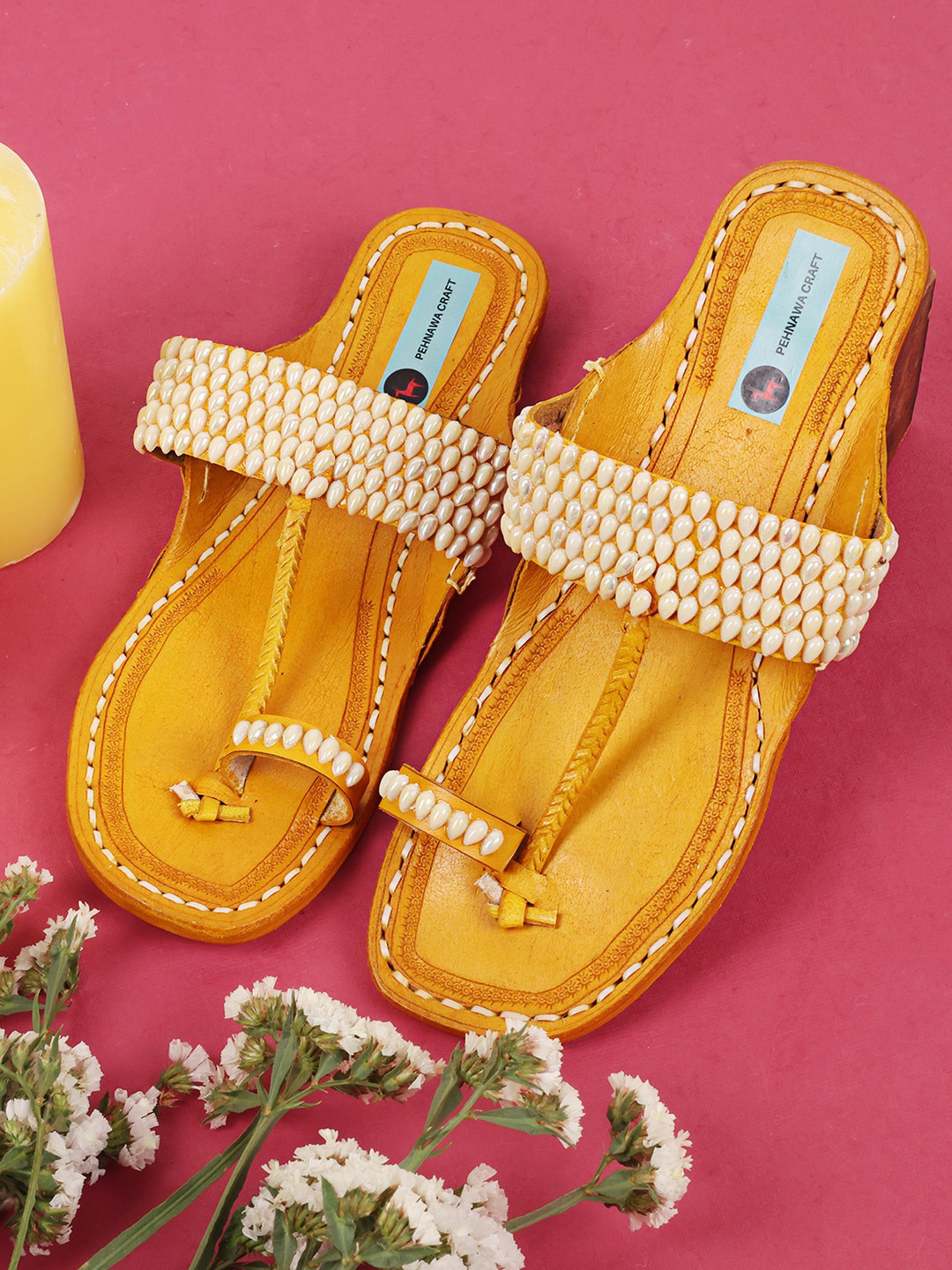 PehnawaCraft Pearl Embellished Leather Kolhapuri One Toe Flats