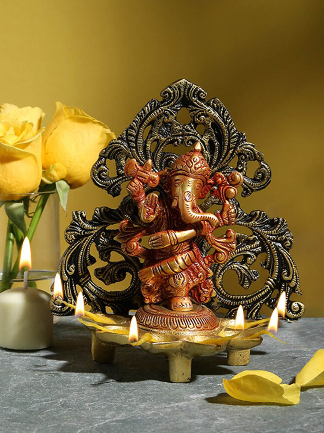 Two Moustaches Brown Dancing Ganesha Carving Brass Diya Stand