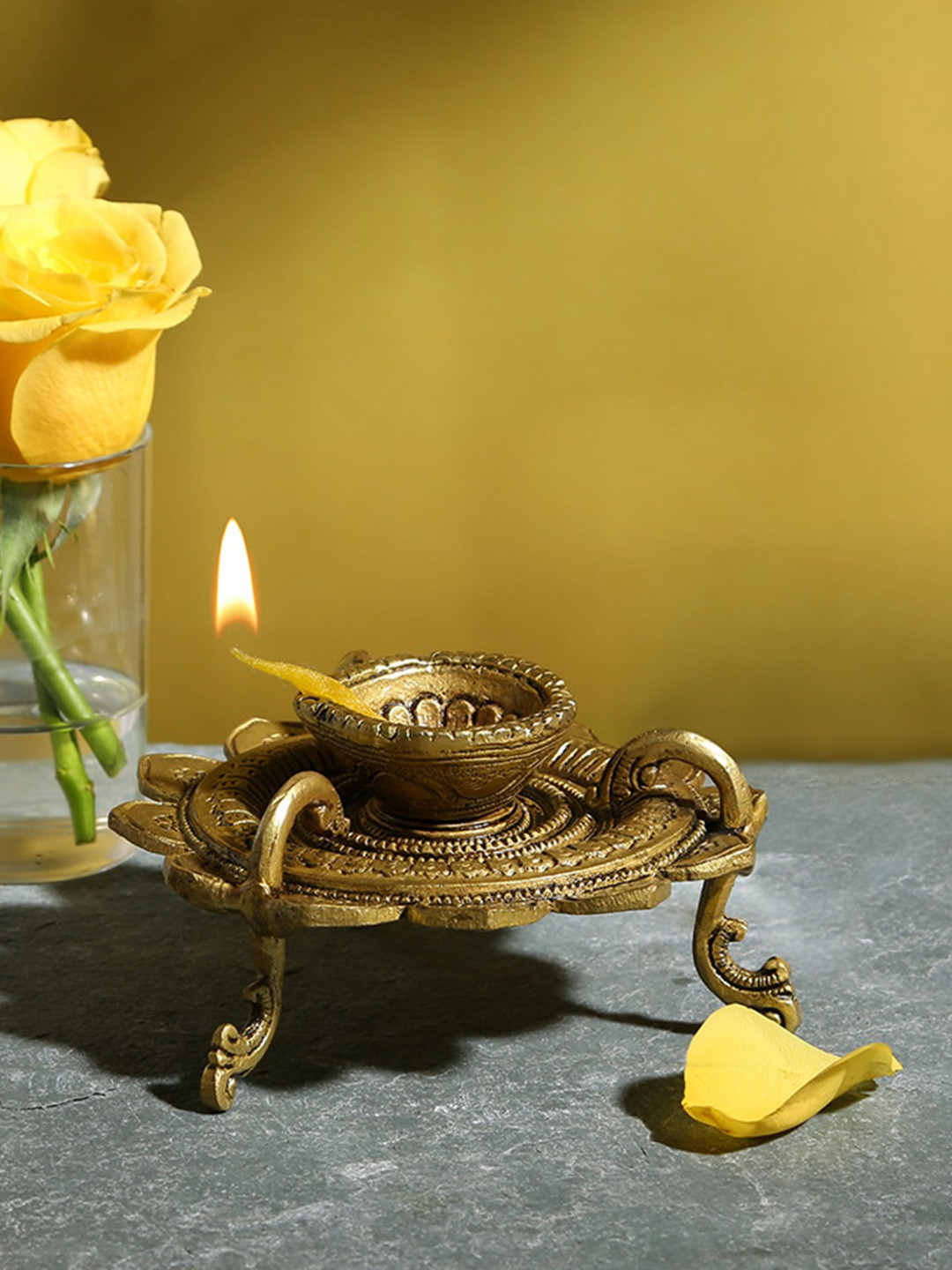 Two Moustaches Beige Brass Lotus Shaped Round Diya