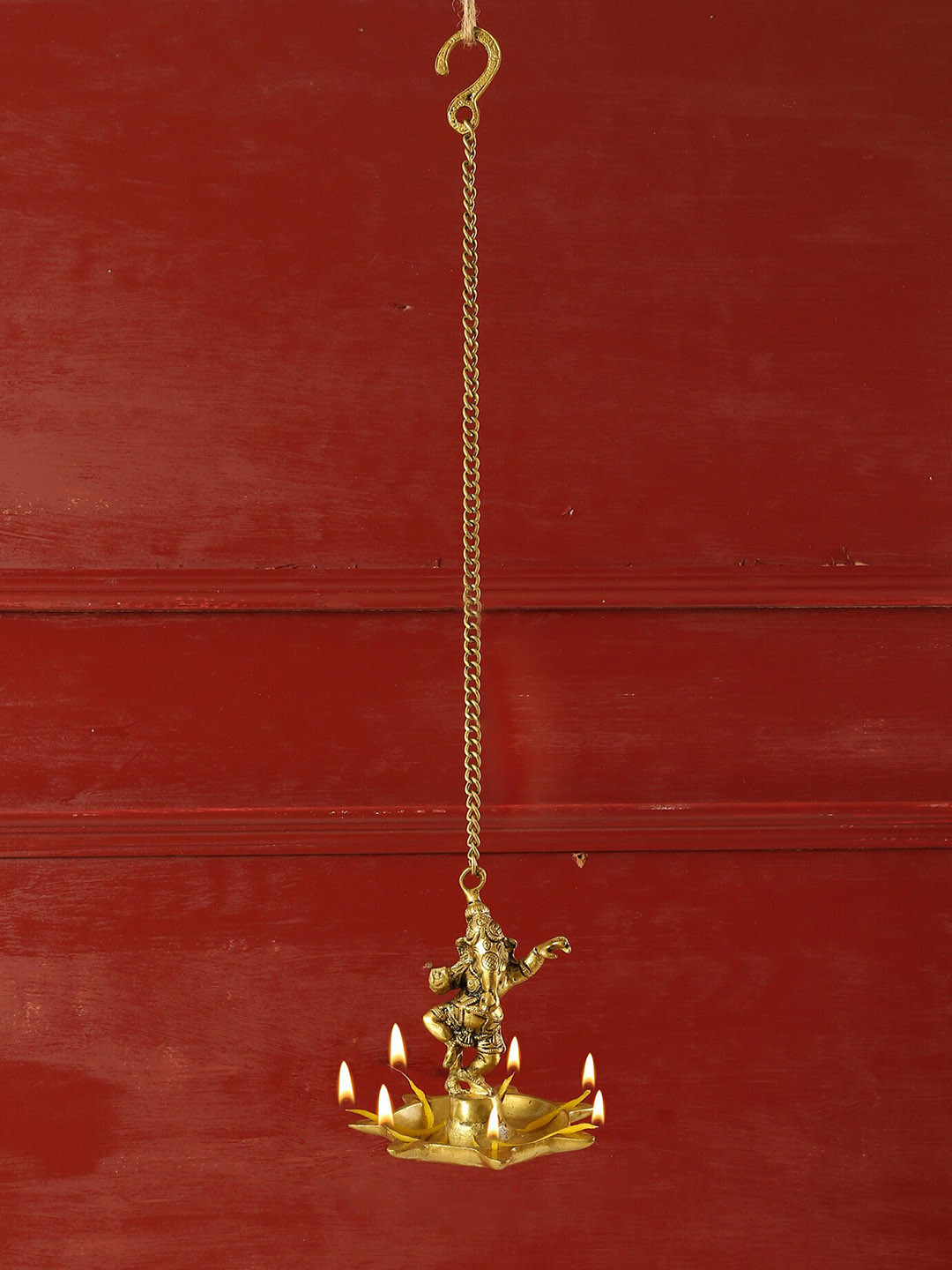 Two Moustaches Golden Dancing Ganesha 7 Oil Wick Brass Hanging Diya