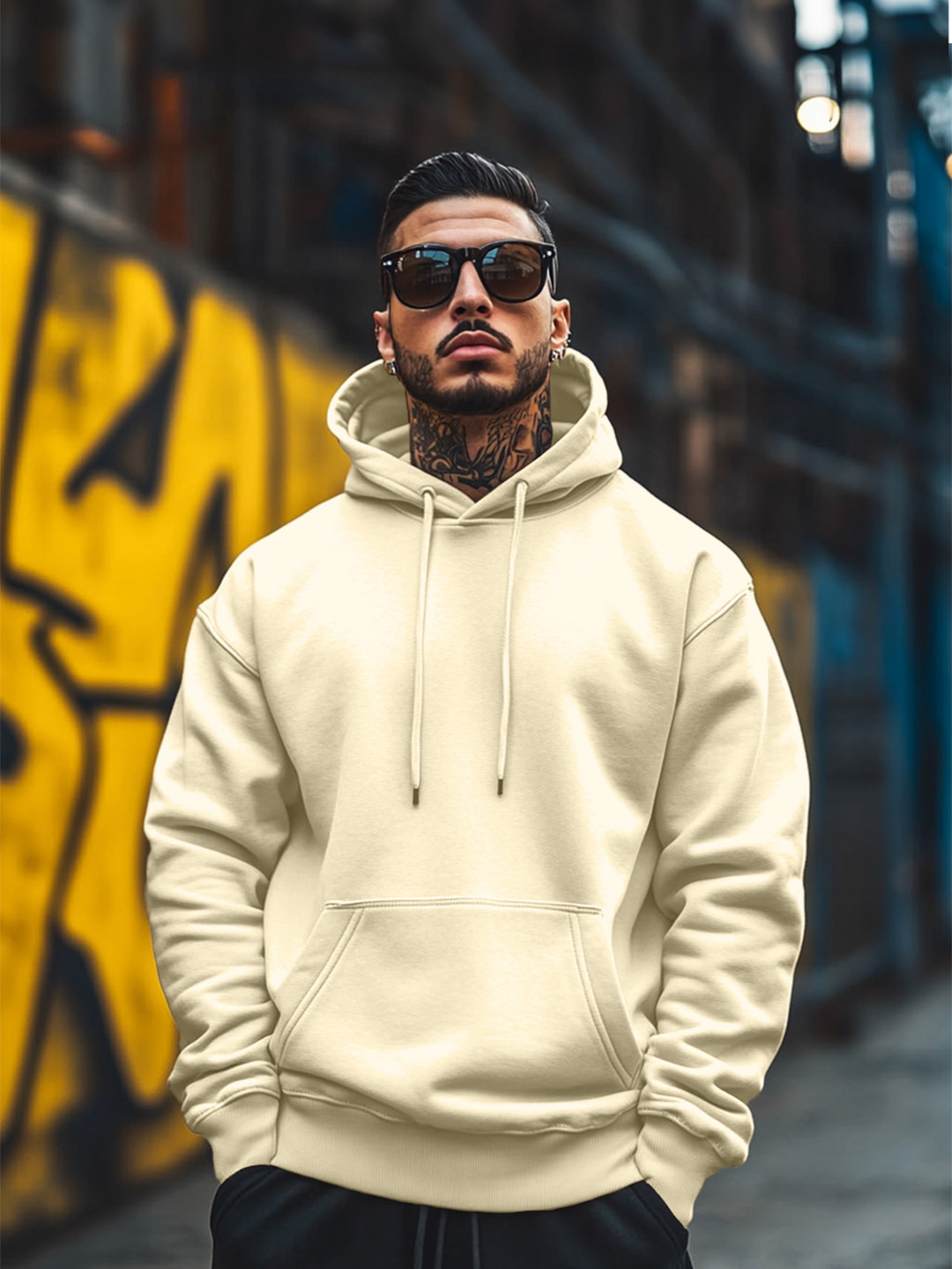 VEIRDO Men Yellow Soild Cotton Fleece Regular Fit Hooded Pullover Sweatshirt