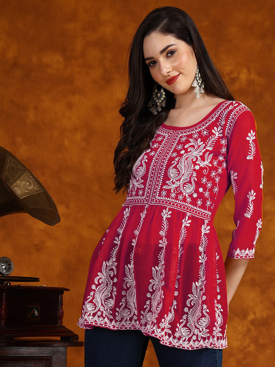 HERE&NOW Red Ethnic Motif Chikankari Embroidered Bell Sleeves A-Line Short Kurti